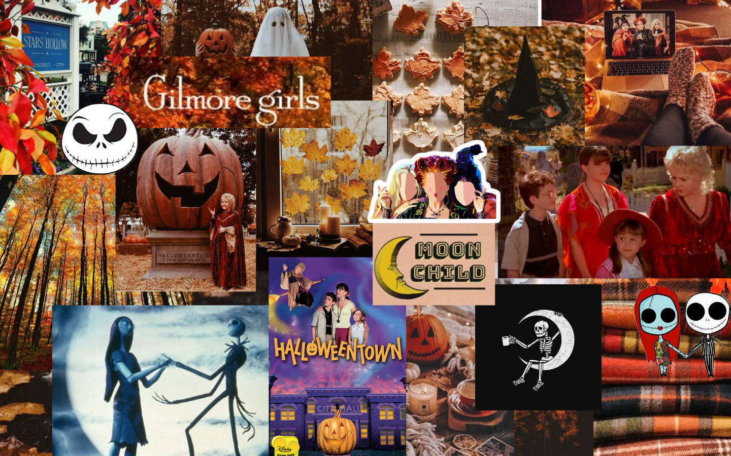 以 Jack Skellington、Gilmore Girls 和秋季裝飾為主題的萬聖節拼貼畫。