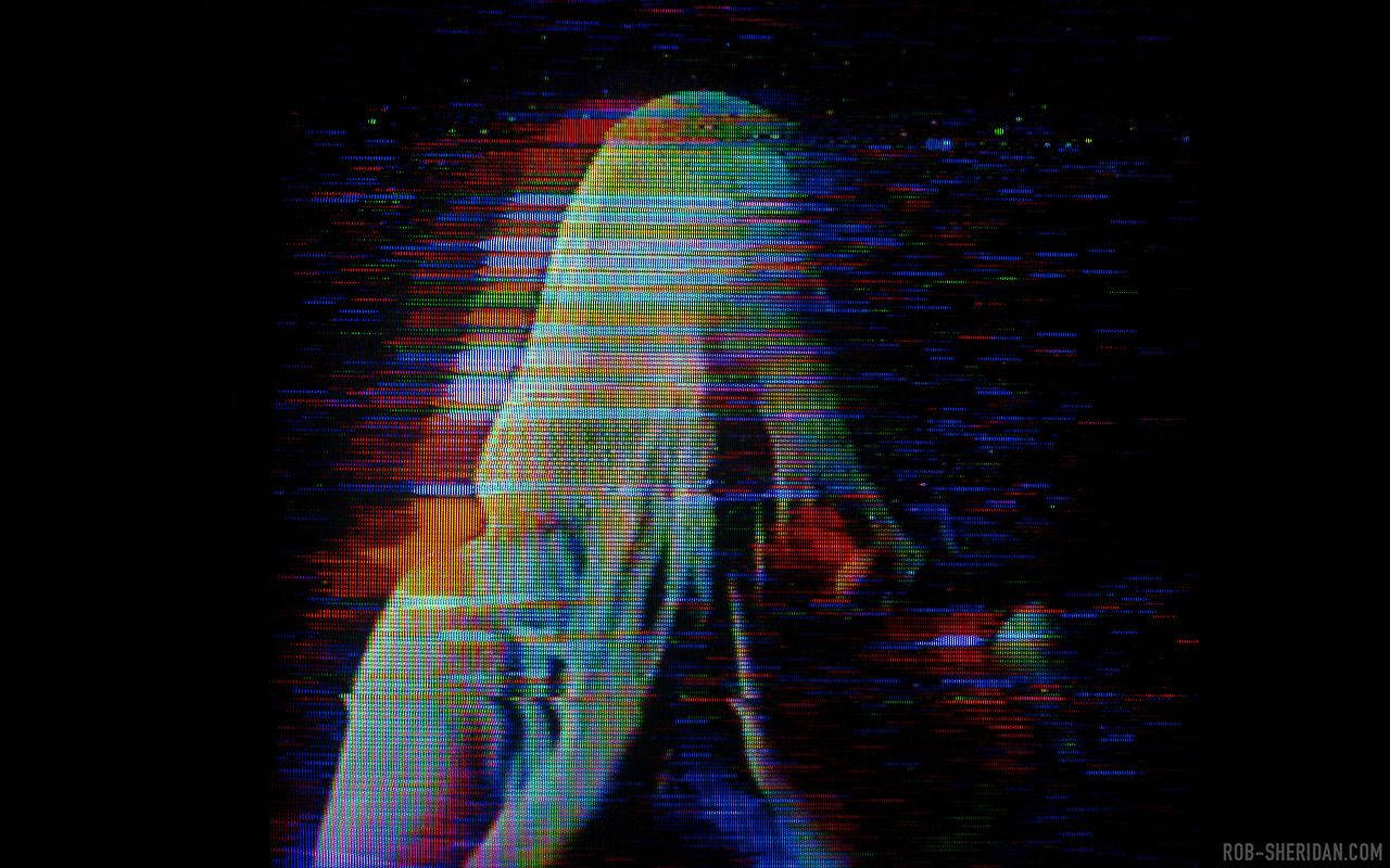 一個扭曲的數碼肖像，帶有彩色靜電和深色背景。