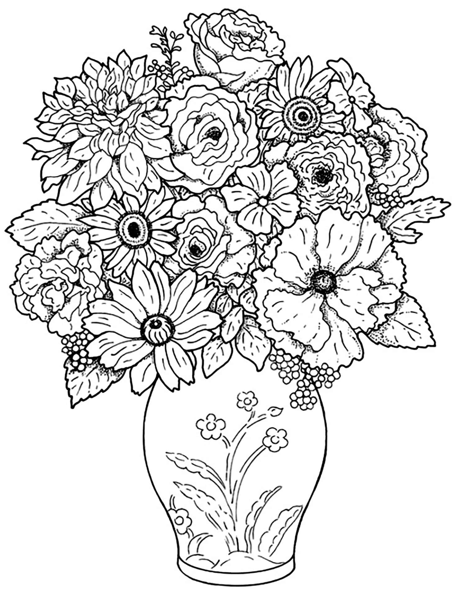 一個黑白線條藝術插圖，花瓶裡裝滿了各種花朵和葉子。