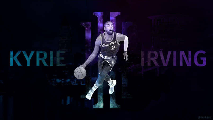 為鏡頭展露微笑 — Kyrie Irving 壁紙 — Kyrie Irving 身穿克里夫蘭騎士隊球衣，在黑暗城市景觀背景下，空中運球，並帶有發光的紫色和藍色文字。