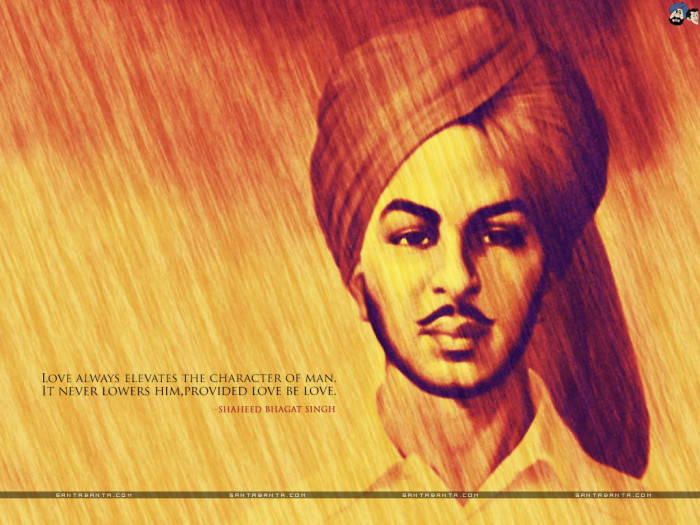 Shaheed Bhagat Singh 的肖像，附有關於愛與品格的引言。