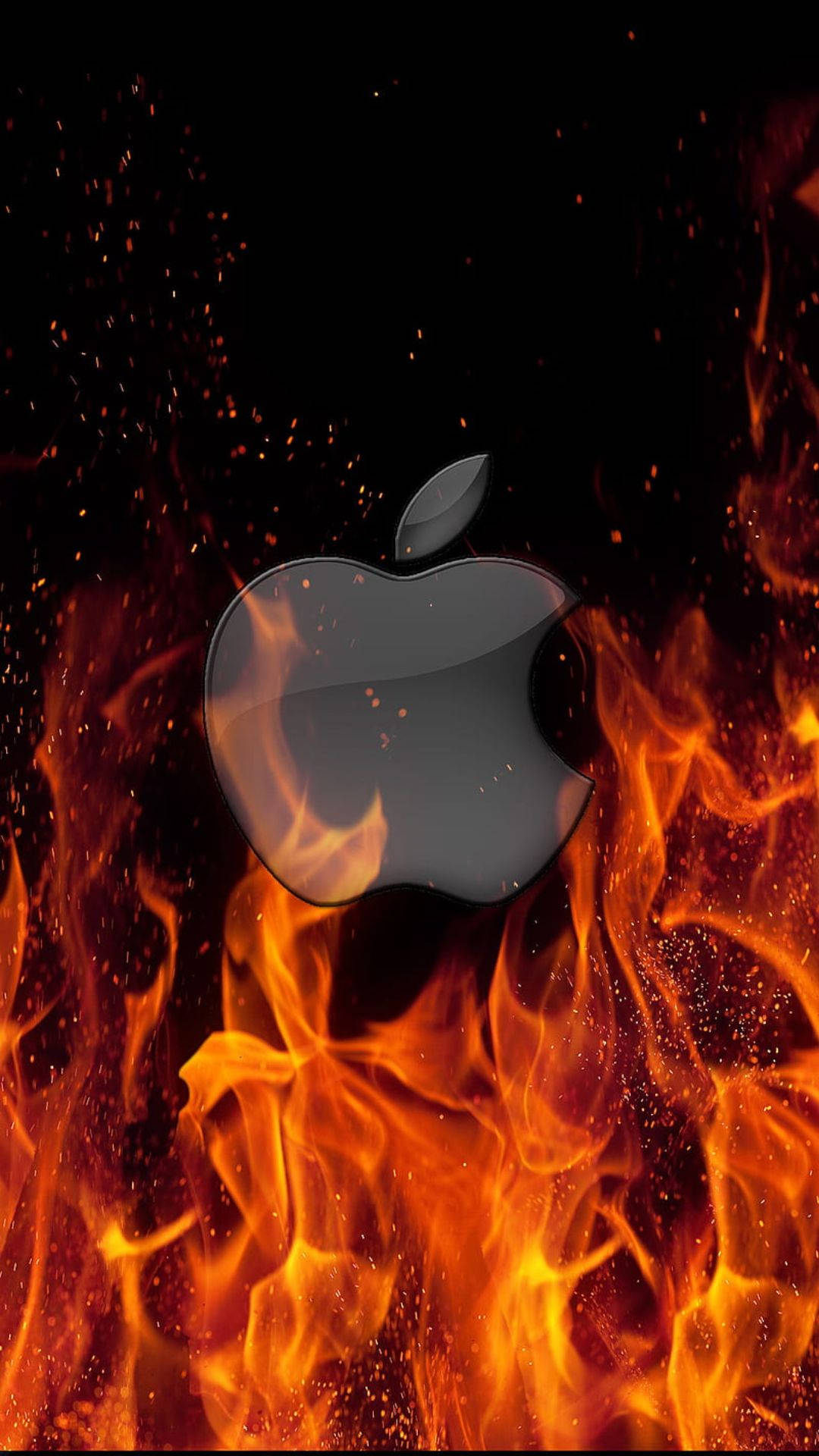 Apple標誌在深色背景上被火焰吞噬。