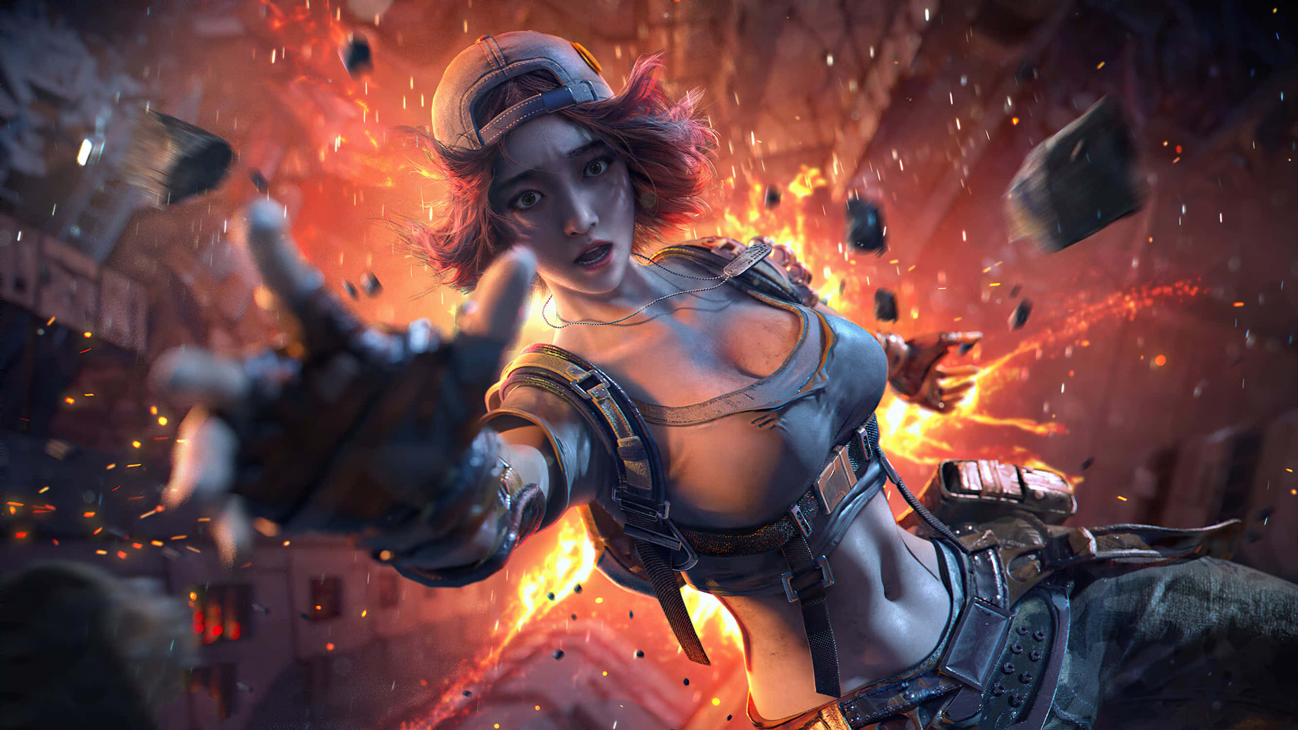 烈焰中的性感PUBG女角色 壁紙 — 一位兇猛的動漫風格女戰士，紅髮戴帽，在崩塌的城市戰場上釋放烈焰能量。