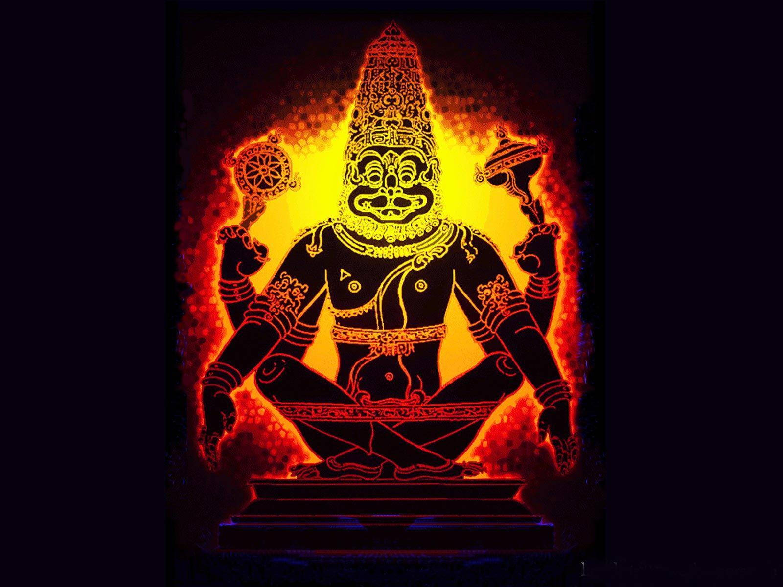 一位發光的印度教神祇，擁有多臂和華麗冠冕，靜坐冥想。
