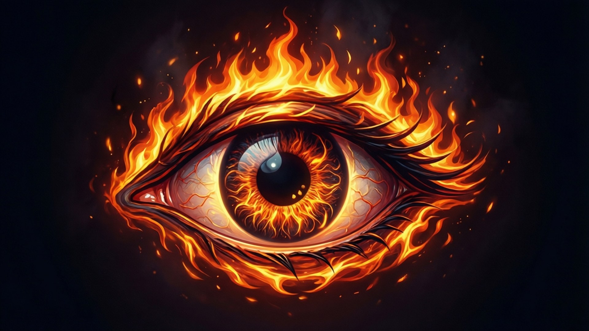 烈焰之眼 壁紙 — 一隻火熱的眼睛，帶有發光的橙色火焰舔舐著它的眼瞼，背景為深色。