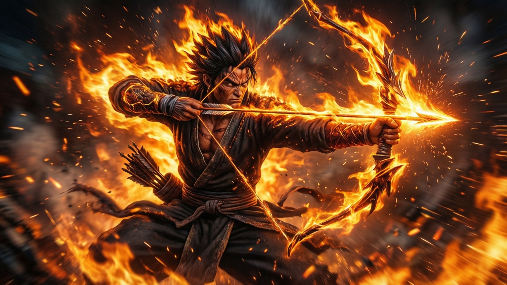 烈焰之箭 壁紙 — 一個擁有尖刺黑髮的戰士拉開火焰弓，周圍火焰爆發，形成動態的戰鬥場景。
