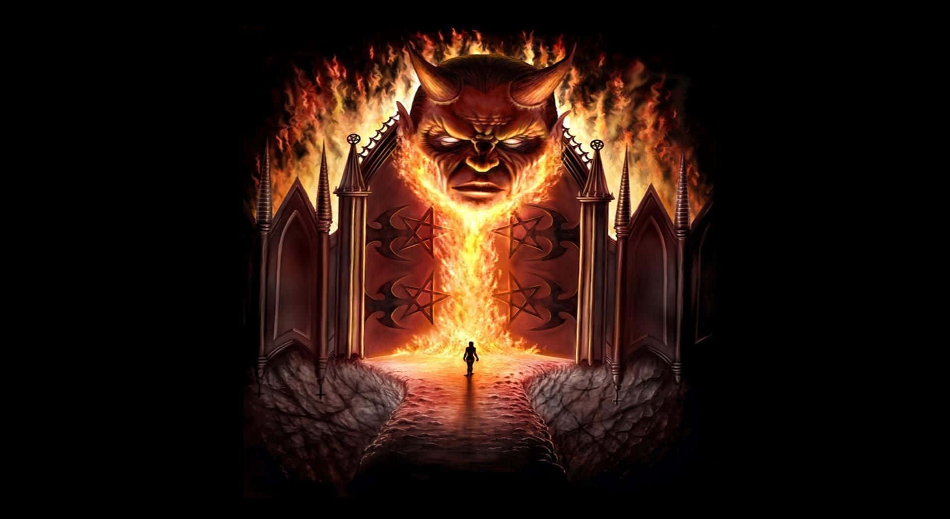 一個小人走向一道燃燒的惡魔之門，上方有一個巨大的面孔。