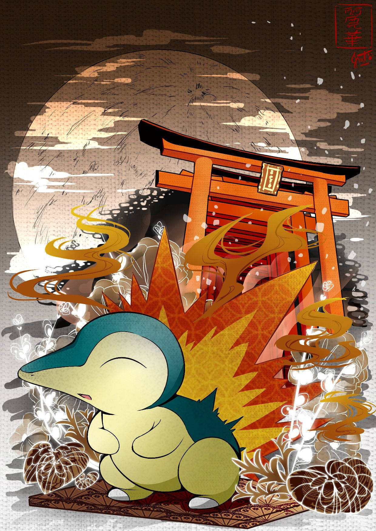 火球鼠在月亮下的日本鳥居前，有火焰和花朵。 — 安卓 壁紙