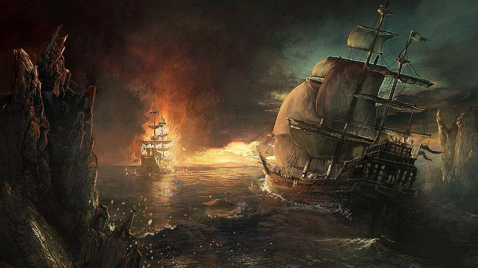 烈焰海盜船 壁紙 — 一場戲劇性的海盜船戰役在日落時分展開，火焰爆炸和洶湧波濤在崎嶇的懸崖之間上演。