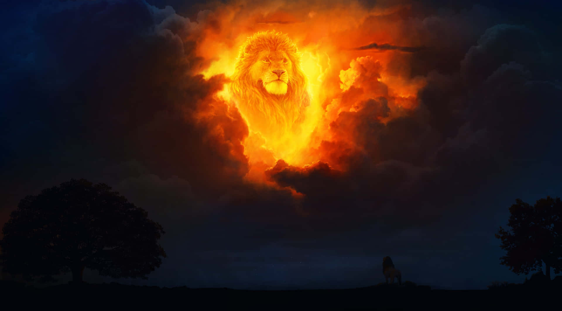 在黑暗風景上方的火雲中發光的獅子臉，有剪影樹木和一頭孤獨的獅子。