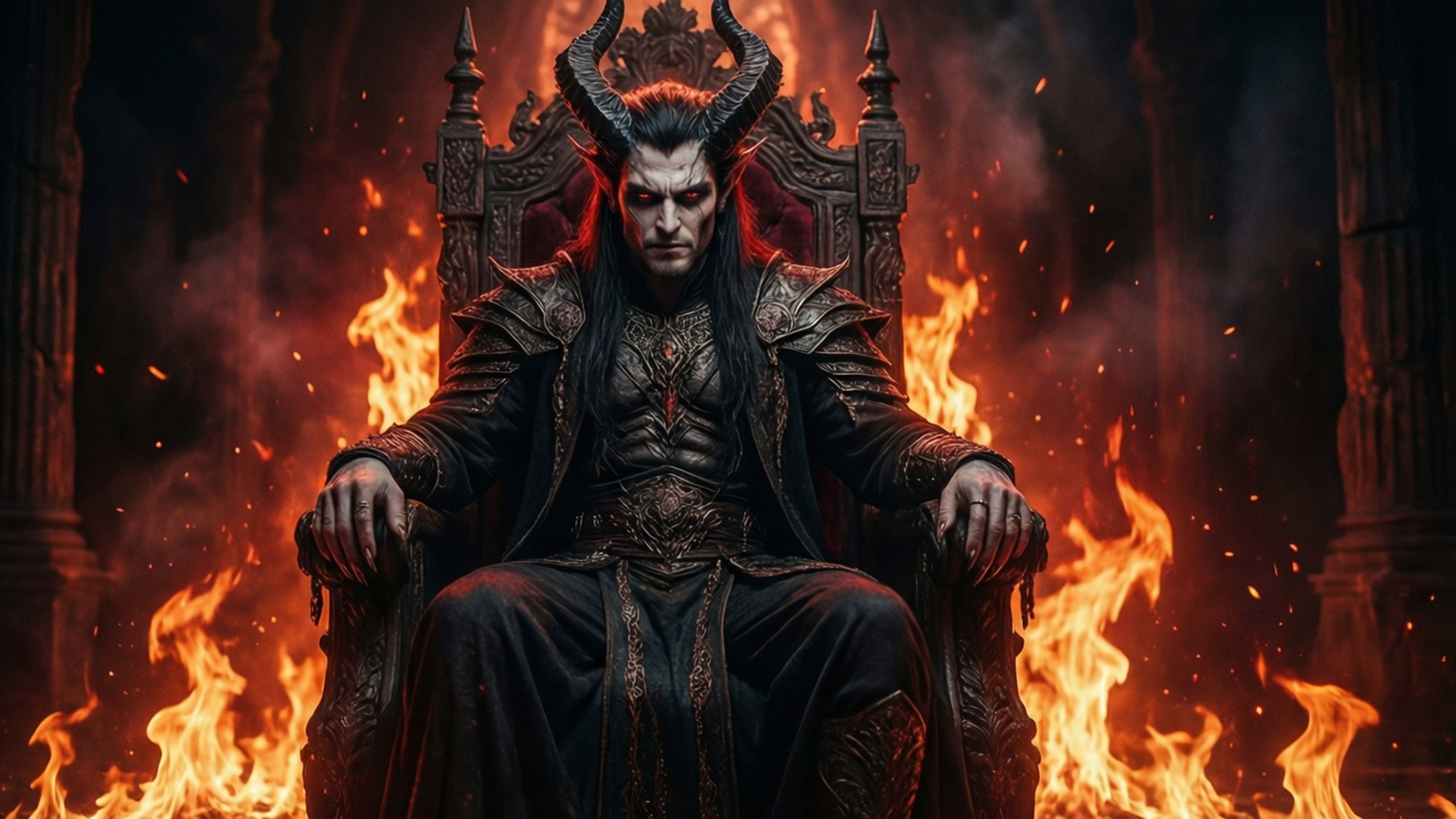 烈焰王座 壁紙 — 一個身穿華麗盔甲、帶有威脅性角的惡魔國王，坐在黑暗大教堂中被咆哮火焰吞噬的王座上。
