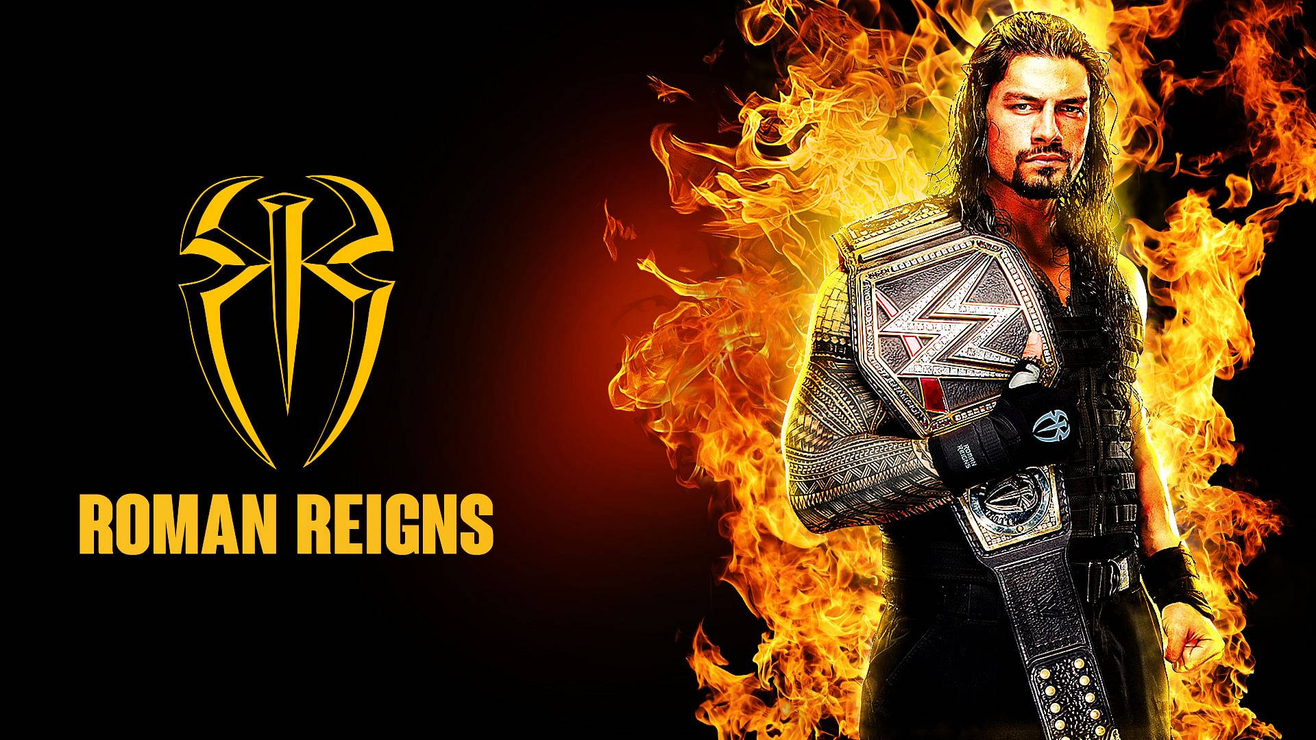 烈焰羅曼·雷恩斯 壁紙 — Roman Reigns 在黑暗背景中，被熊熊烈火包圍，挑釁地站立著，手持冠軍腰帶。