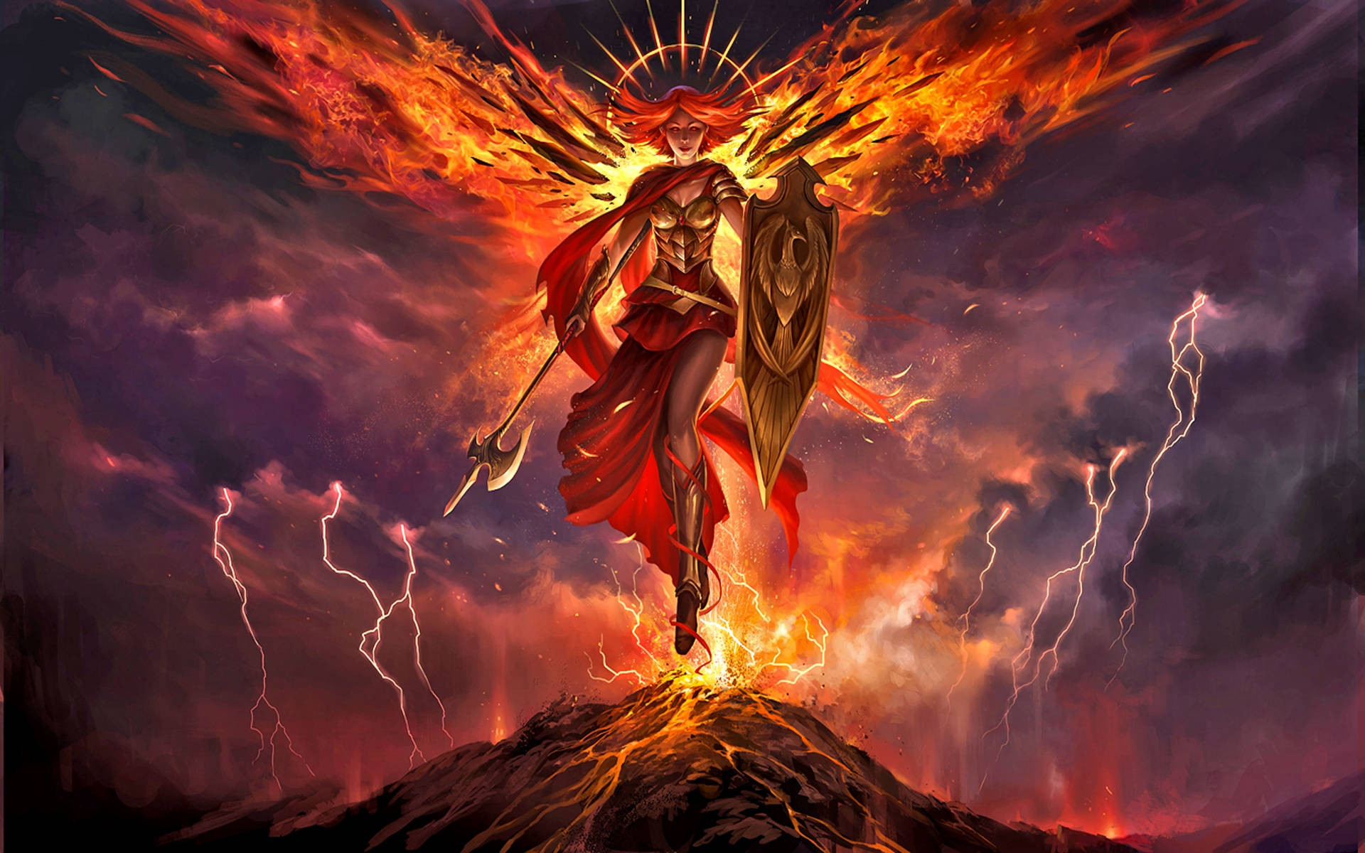 烈焰雙翼女戰士 壁紙 — 一位火焰翅膀的戰士女神站在火山頂峰，揮舞著斧頭和盾牌，周圍閃電交加。