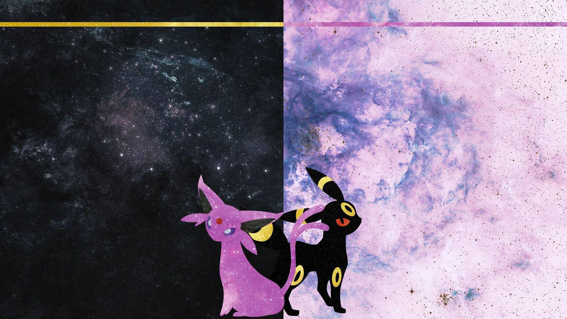 兩個寶可夢在分裂的星空和星雲宇宙背景下的剪影。