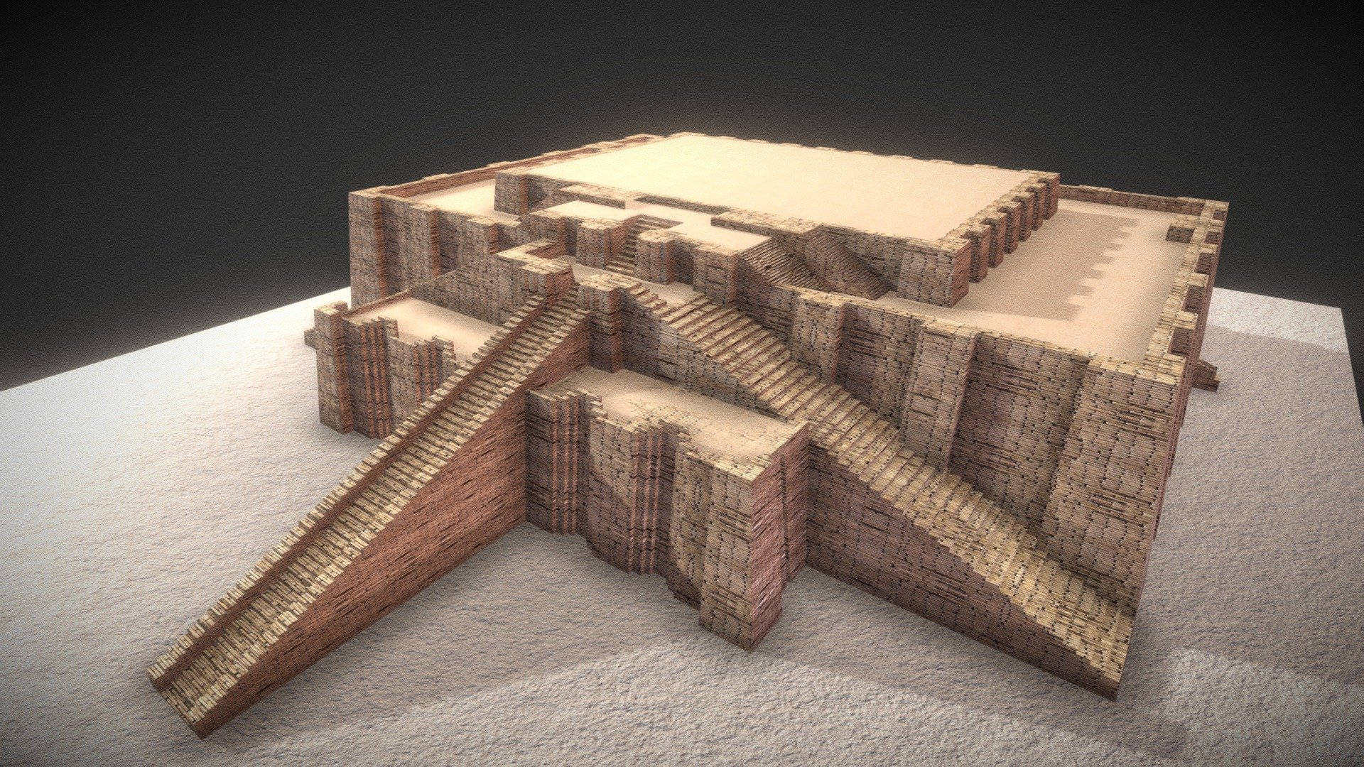 古代階梯金字塔的3D模型，採用磚塊結構和樓梯。