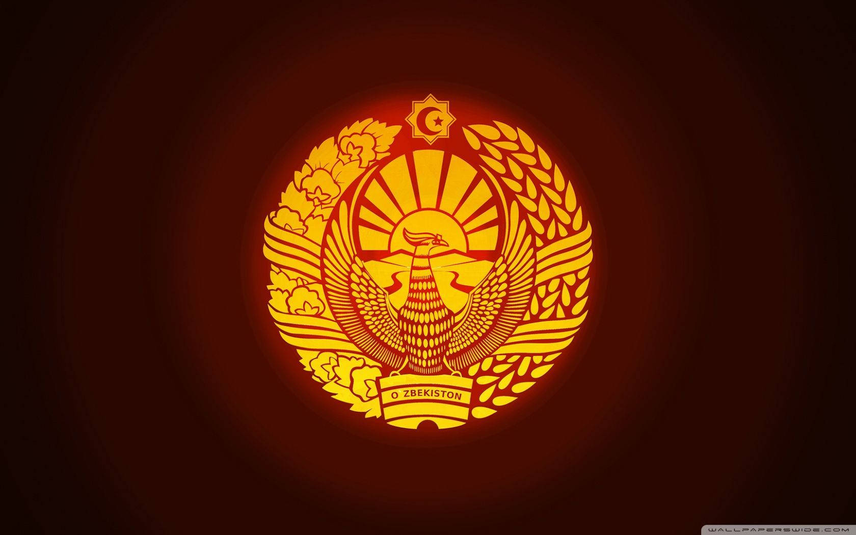烏茲別克公共衛生部標誌 壁紙 — 烏茲別克斯坦的金色發光國徽，帶有太陽光芒和翅膀，在深紅色漸變背景上閃耀。