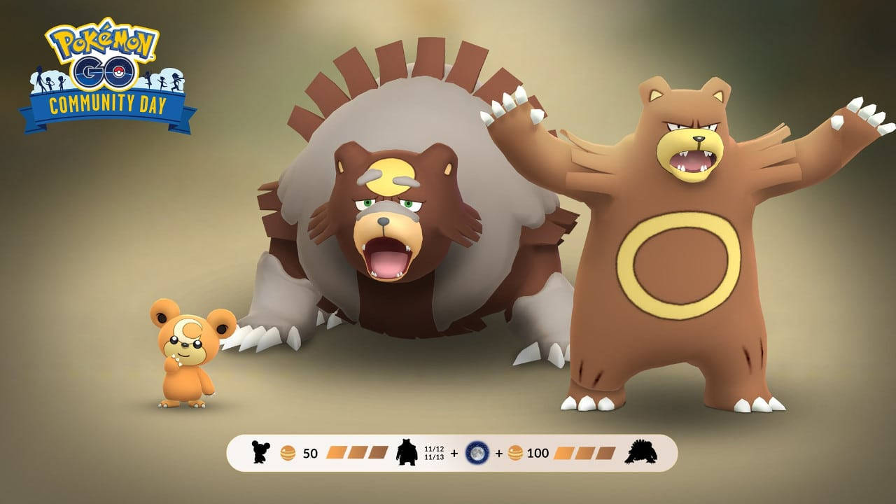 來自Pokemon GO社群日的三個寶可夢角色與遊戲界面元素。