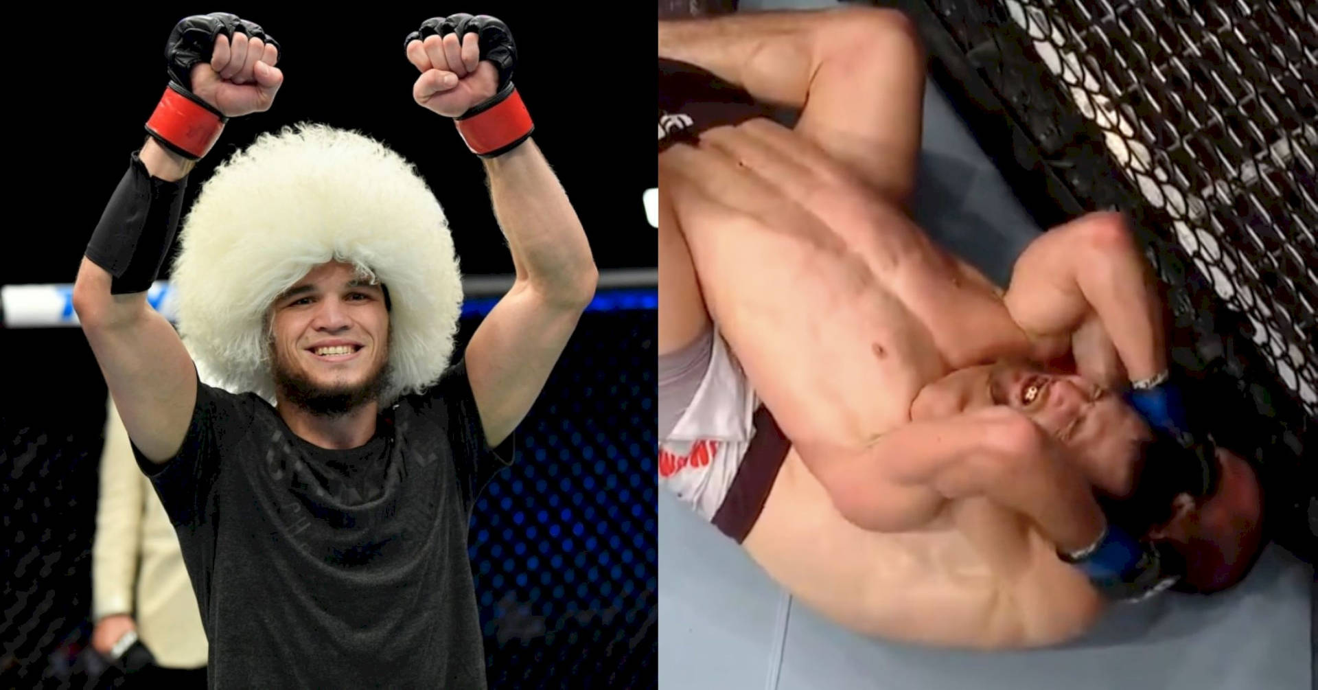 MMA拳手在籠中擊敗對手後慶祝勝利。