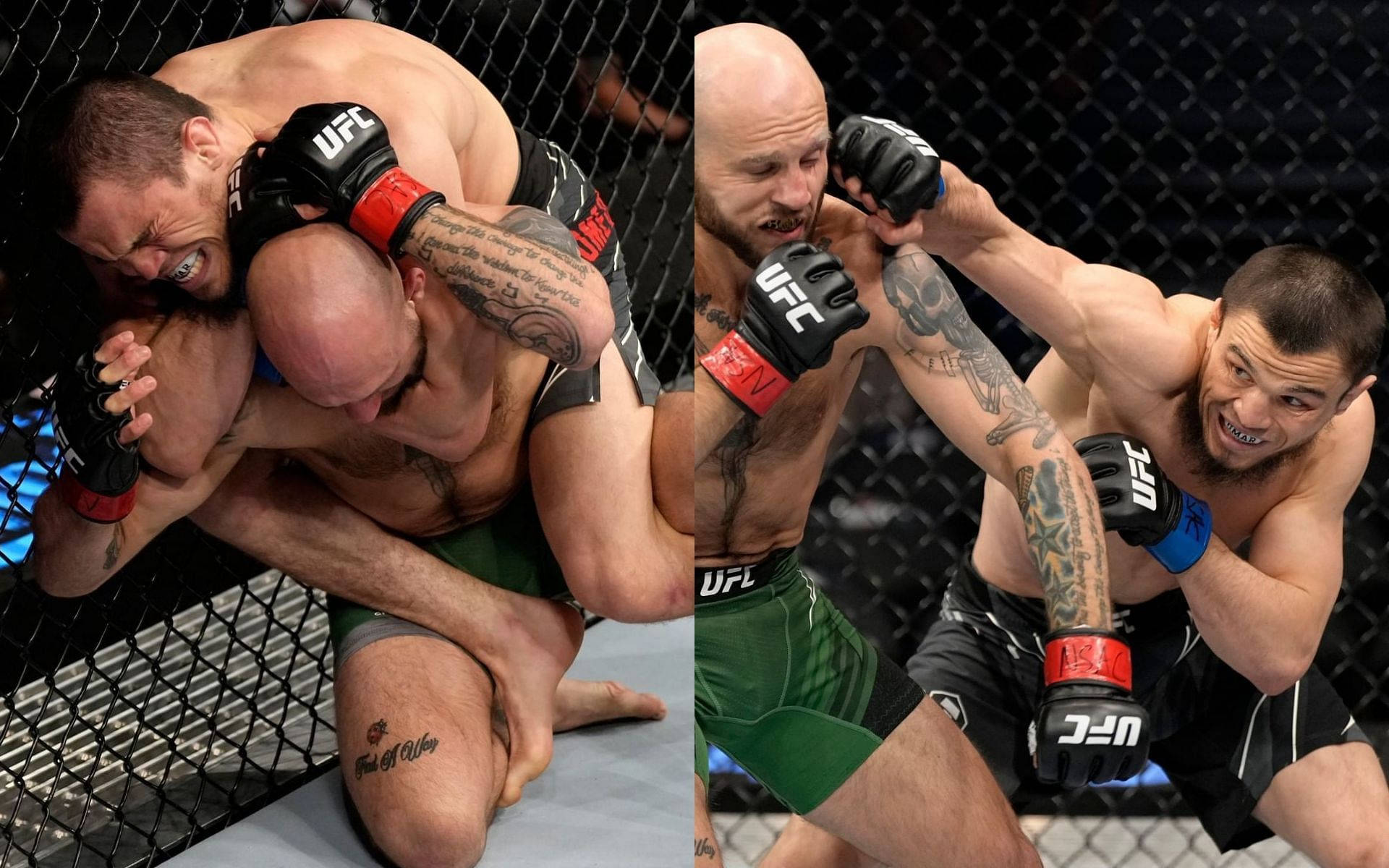 兩名男性MMA拳手在八角籠內交戰。