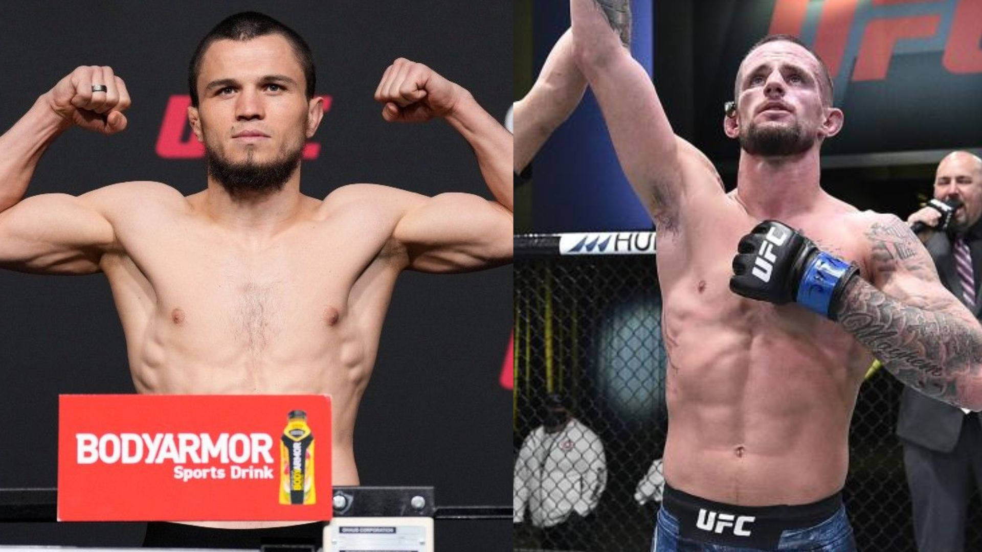兩名赤裸上身的MMA拳手在UFC八角籠中展示肌肉並慶祝。