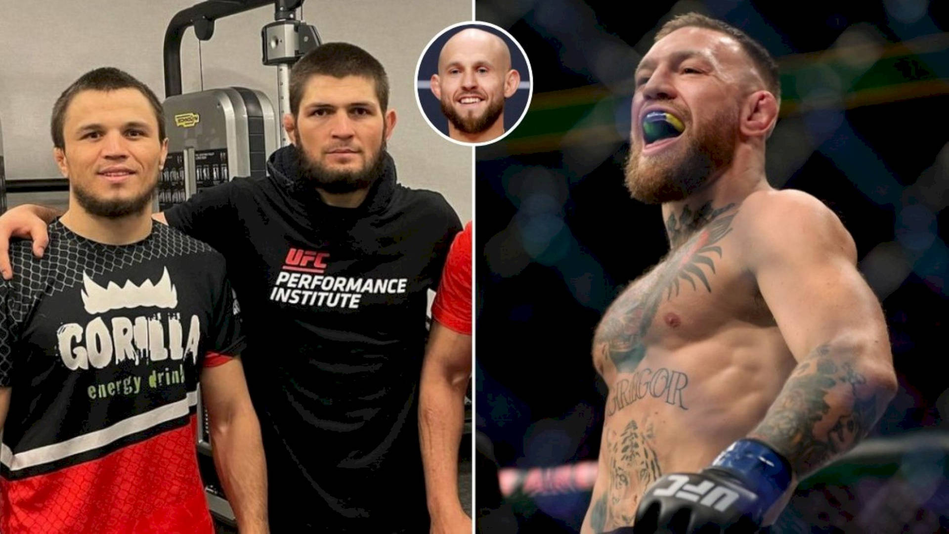 三名男性MMA拳手，一名在健身室擺姿勢，另一名在八角籠中慶祝