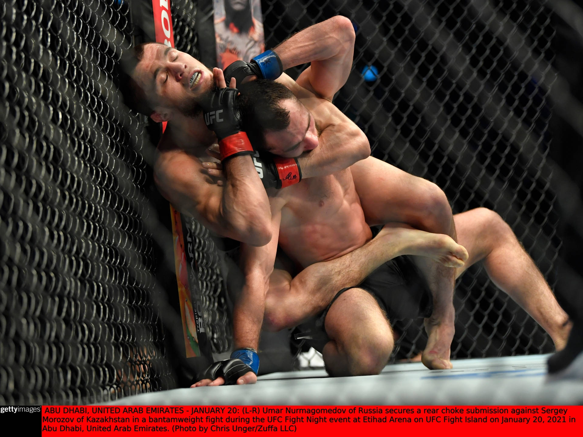 兩名MMA拳手在八角籠內被後背裸絞鎖定。