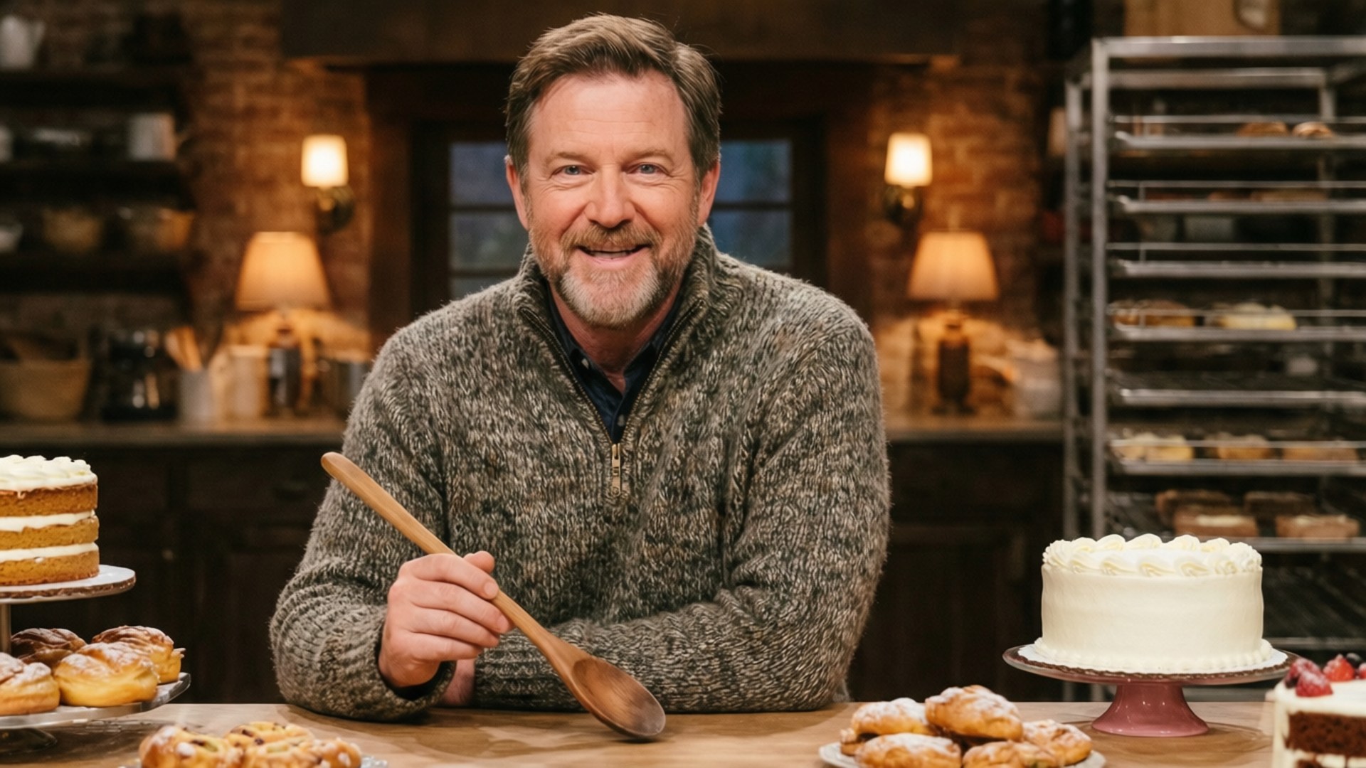 一個開心的男人在廚房裡，周圍是烘焙食品，手持木勺。