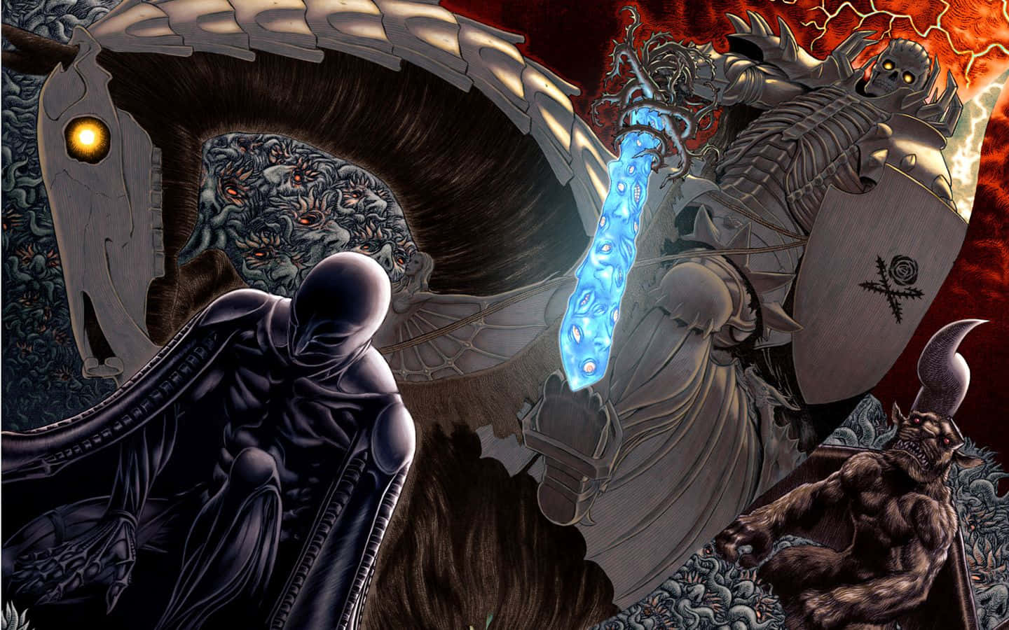 奇幻戰士在熾熱戰鬥場景中與怪物交戰。