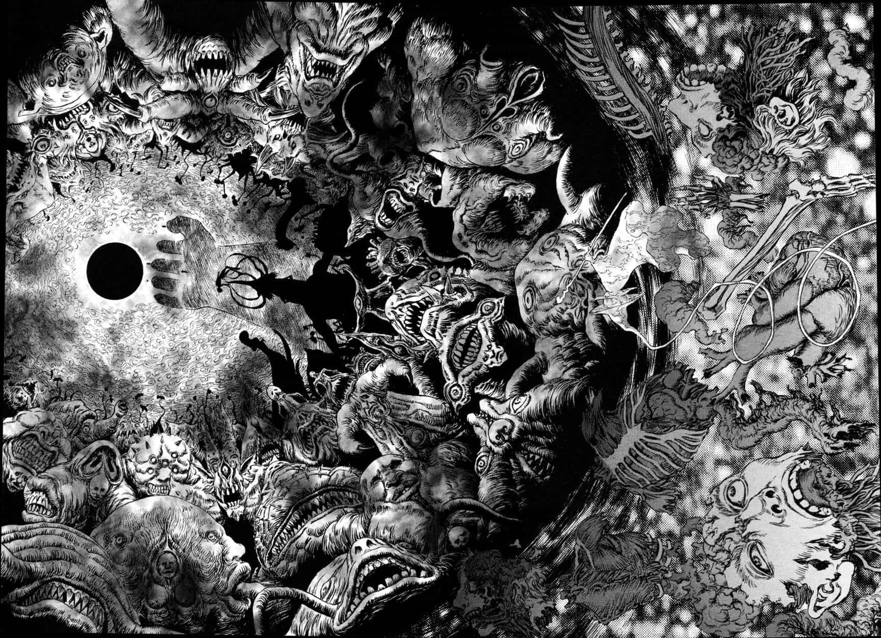 一幅密集的黑白畫作，描繪了圍繞虛空的怪物生物。