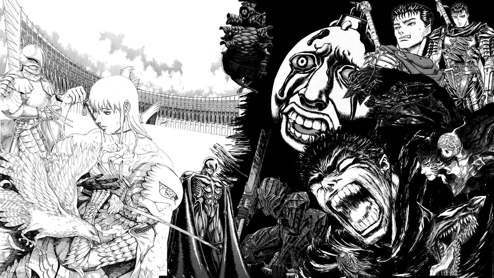 烙印戰士漫畫灰階藝術 壁紙 — 一個戲劇性的黑白漫畫面板描繪了裝甲戰士和怪物般的人物在混亂的戰鬥場景中。
