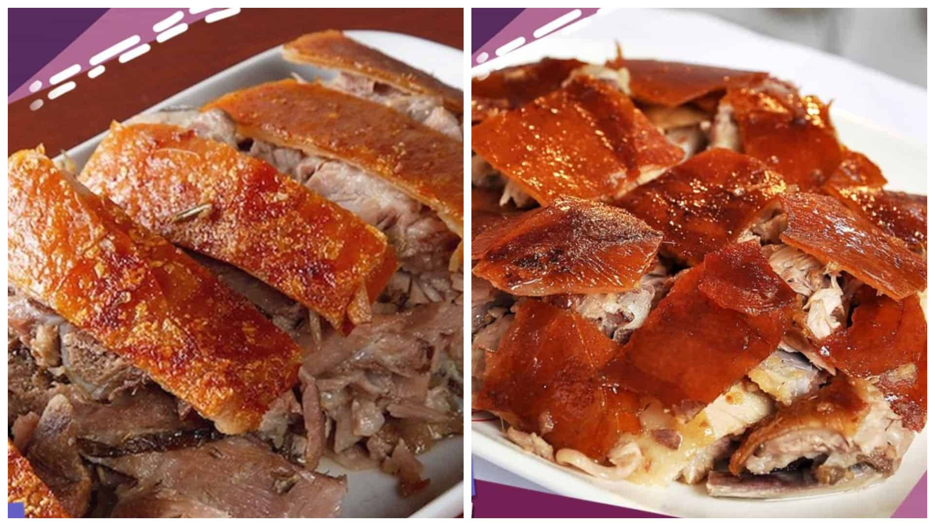 烤乳豬里肌片 壁紙 — 脆皮金黃色烤豬腩片，在白色碟上泛著油光。