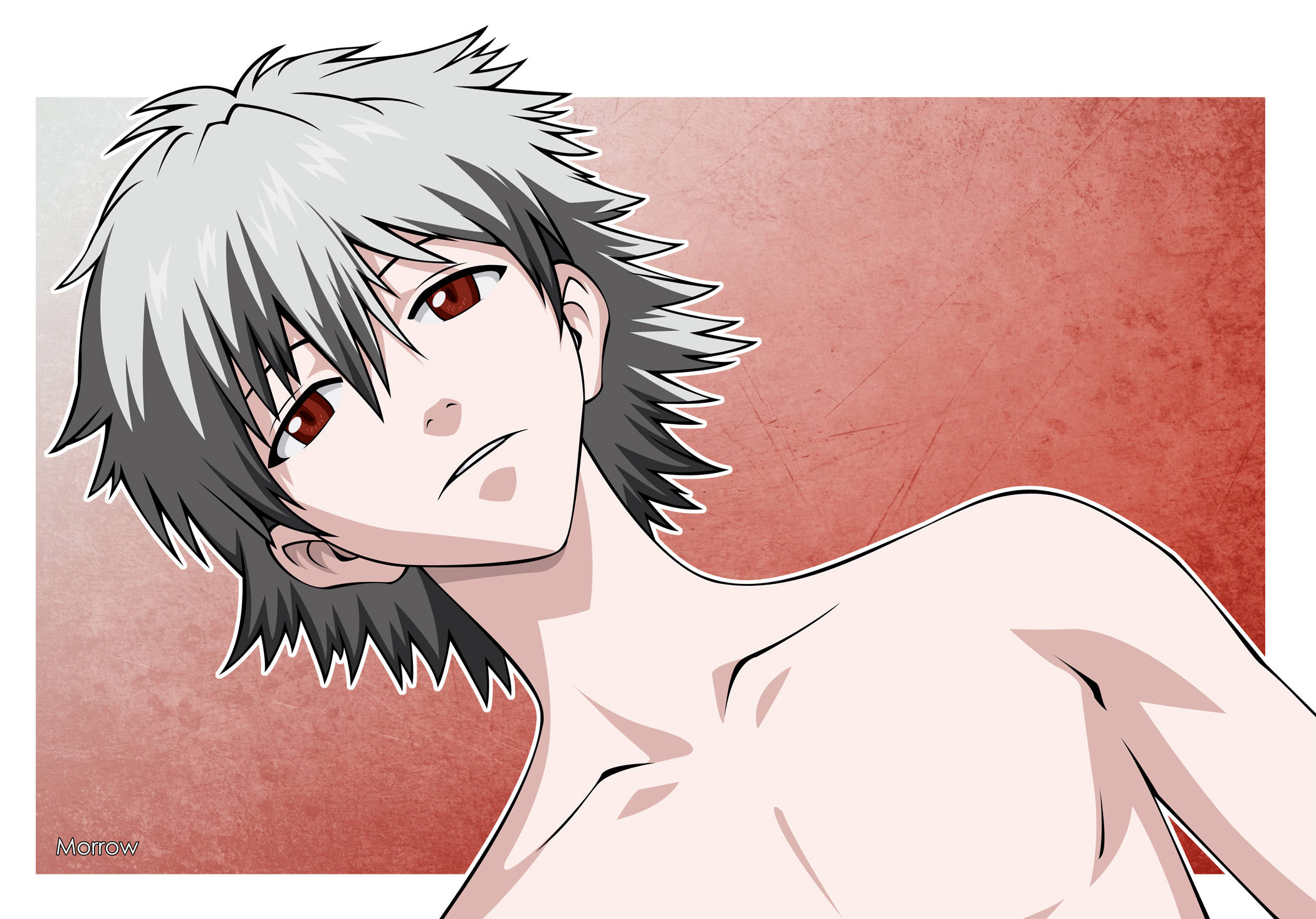 無上衣 Kaworu Nagisa 藝術 壁紙 — 一個赤裸上身的動漫男性，擁有尖刺銀色頭髮和紅色眼睛，在帶有紋理的紅色背景上側視。