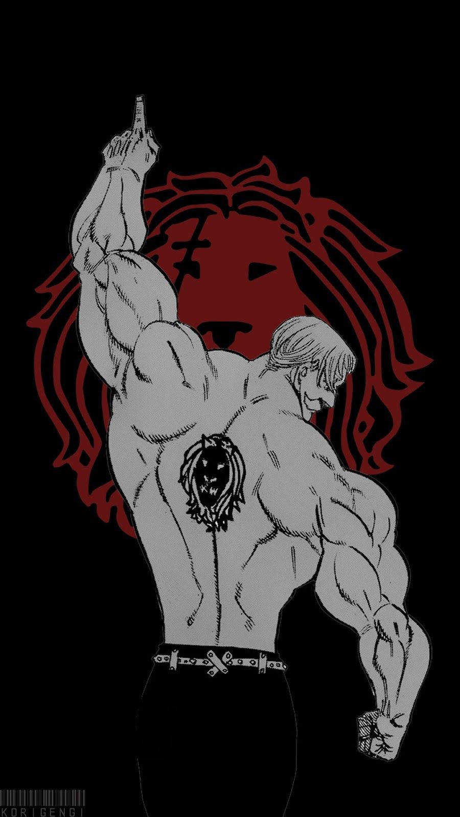 動漫男人帶獅子紋身用槍指向紅色獅子符號。