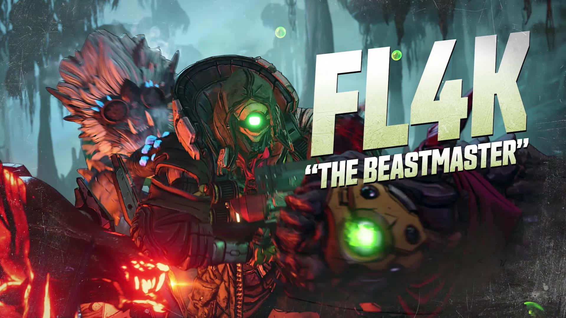 《無主之地3》1920x1080 Flak The Beastmaster背景 壁紙 — 一個帶有發光綠色眼睛和火紅色的威嚇裝甲戰士，站在黑暗沼澤森林中，手持發光武器。