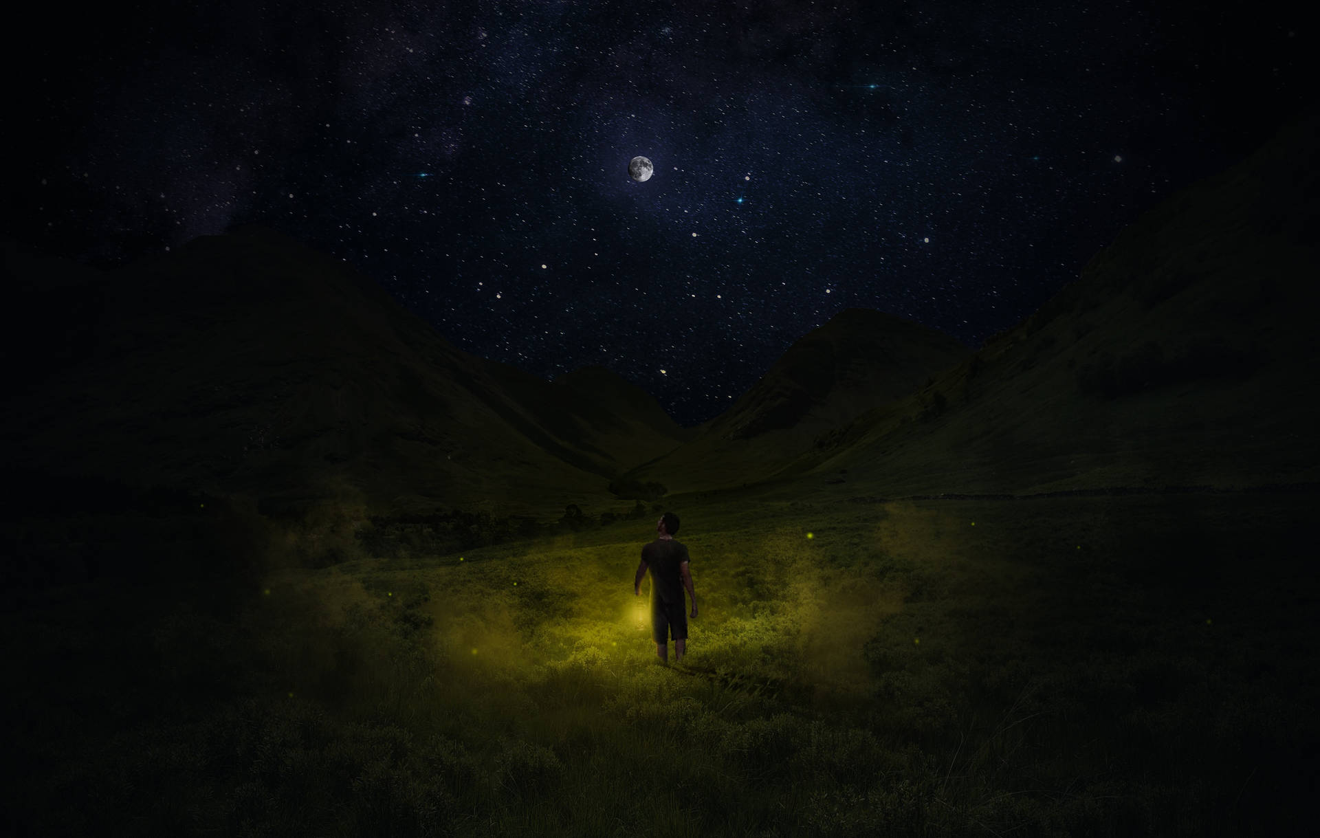 一個人在星光山谷中夜間獨行，手持發光燈籠。