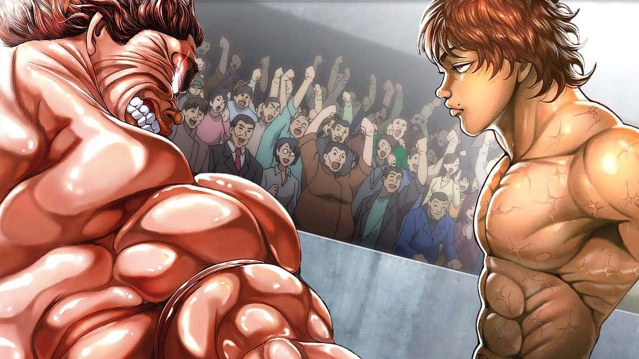無人能敵的征服者——巴奇·漢馬 壁紙 — 兩名肌肉發達的動漫戰士在擂台上對峙，身後是興奮歡呼的人群。
