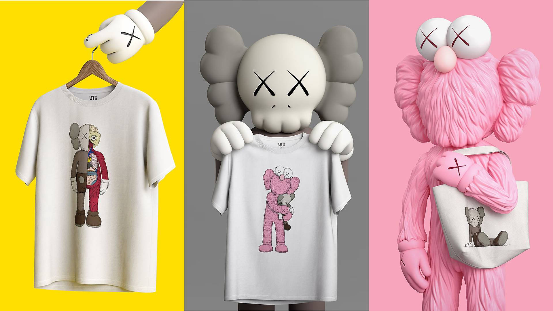 無印良品 Kaws 灰粉角色 壁紙 — 三個KAWS角色展示印有自己風格化圖案的T恤，背景為鮮豔的黃色、灰色和粉紅色。