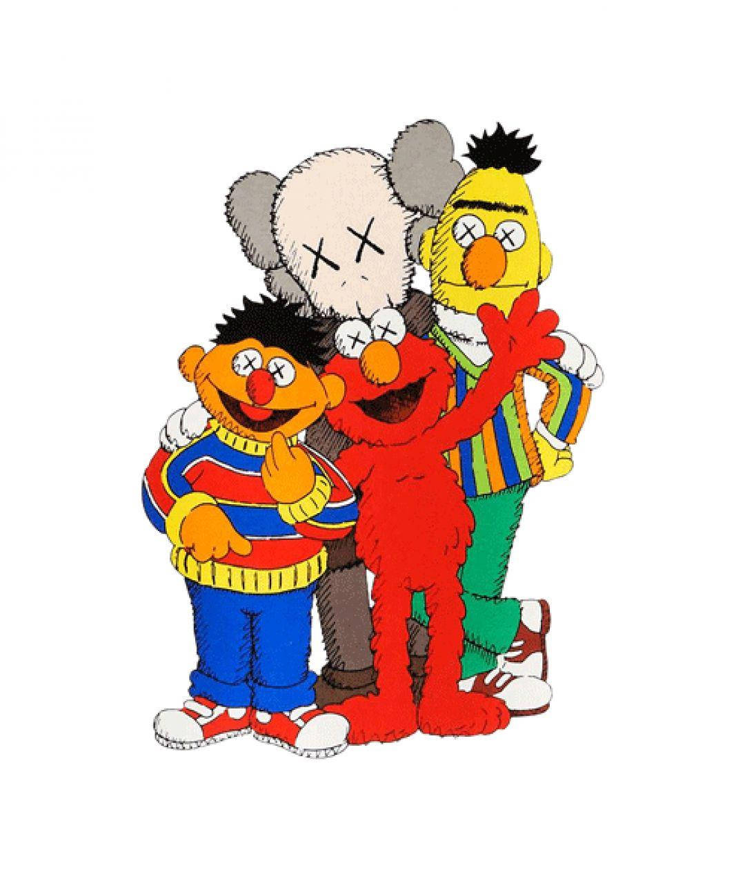 無印良品 Kaws 與芝麻街角色 壁紙 — Elmo、Ernie 和 Bert 與 KAWS 角色一起站在色彩繽紛的卡通插圖中。