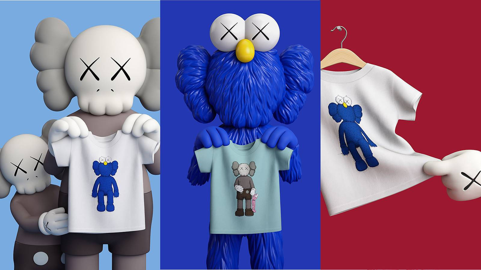 無印良品 Kaws 角色聯名 壁紙 — 三個風格化的KAWS人偶展示印有自己角色設計的T恤，背景為大膽的顏色。
