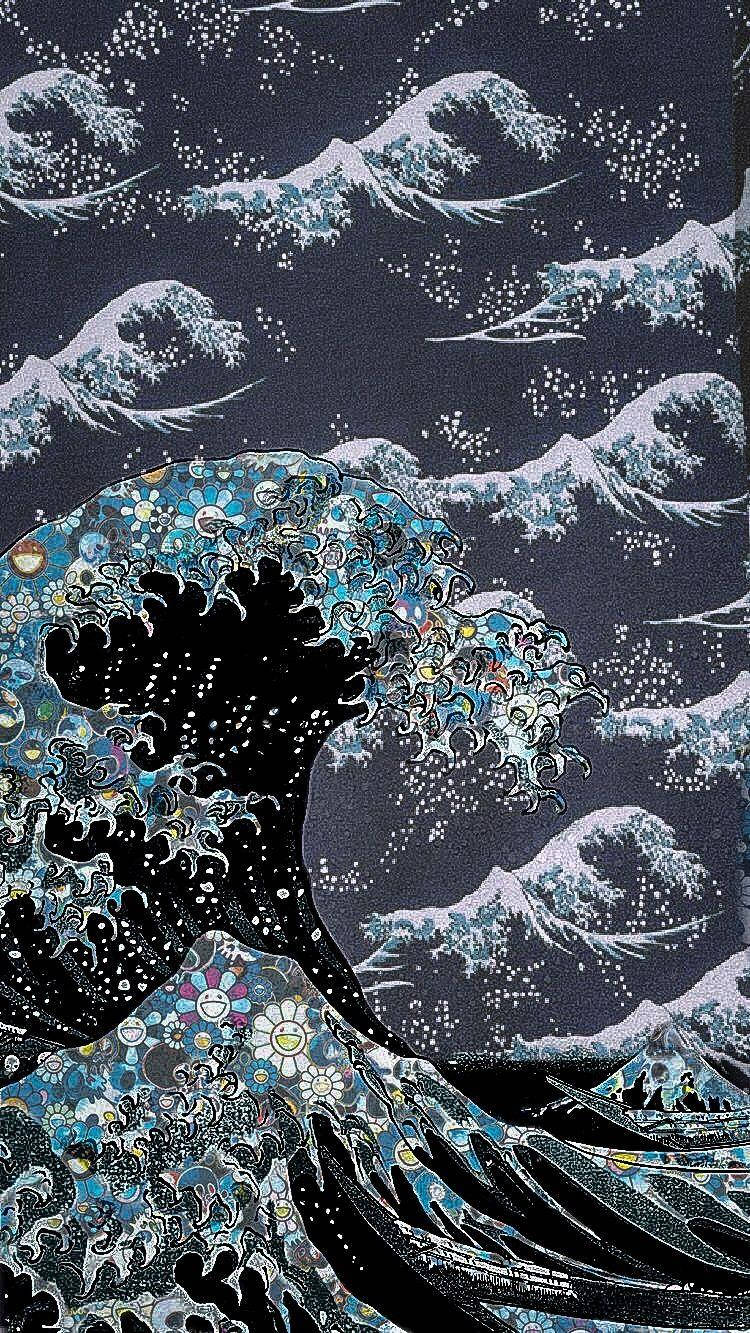 無印良品 浮世繪巨浪 壁紙 — 一道帶有複雜花卉圖案的風格化波浪，撞向充滿較小波浪和星星的黑暗夜空。