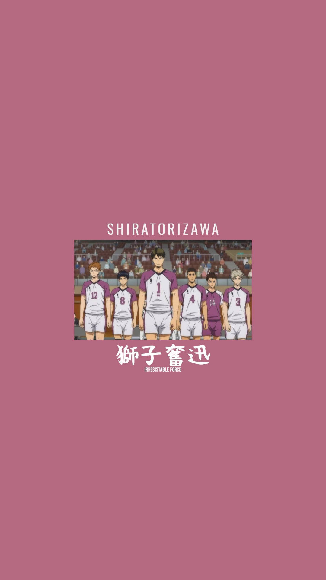 無可抗拒的志村學園隊伍 壁紙 — 一支漫畫風格的排球隊在粉紅色純色背景上，以隊名文字在球場上排成陣型。