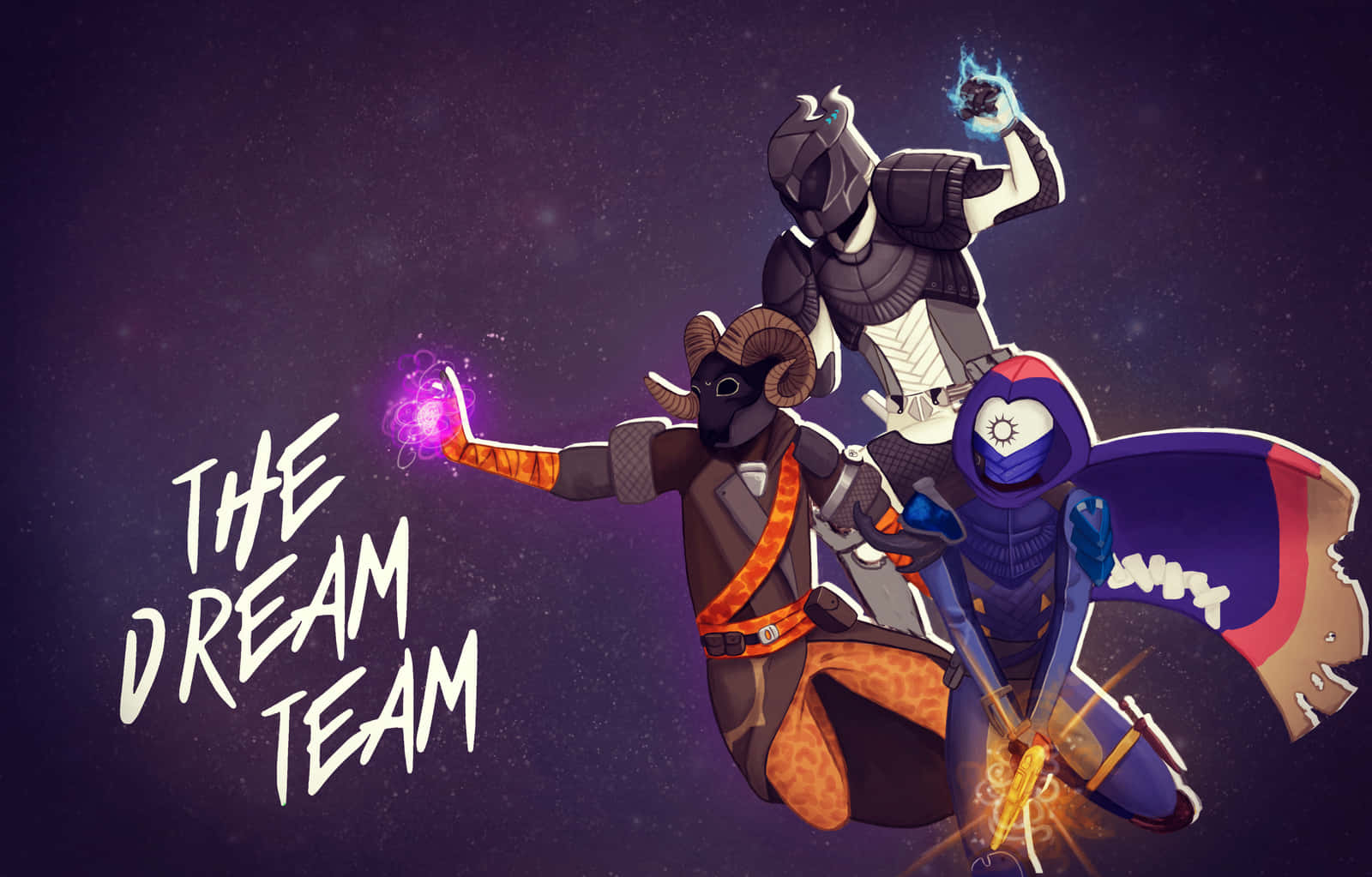 三個帶有發光魔法的動漫角色在太空中漂浮，上方有文字「THE DREAM TEAM」。