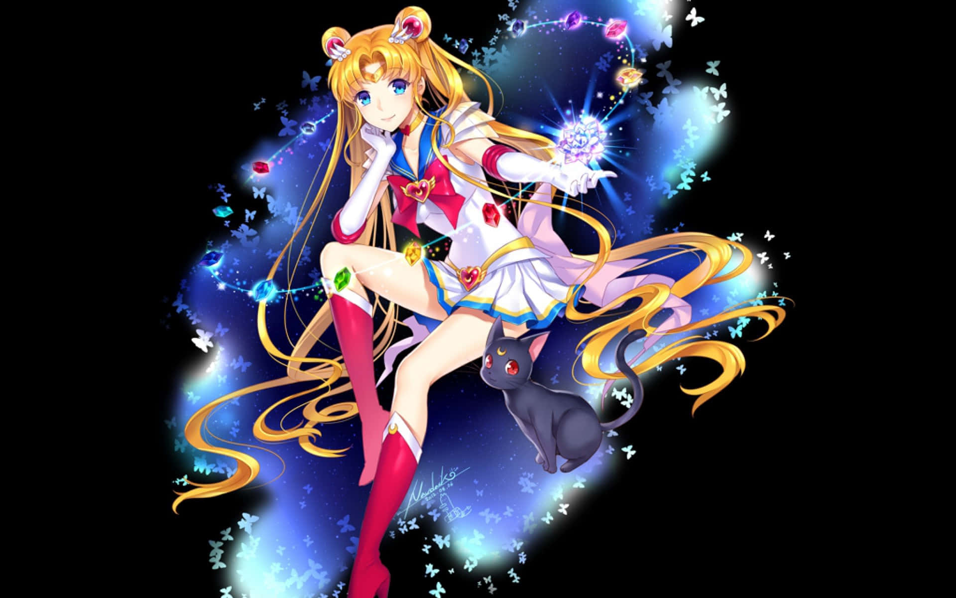 美少女戰士Sailor Moon動畫角色，帶有黑貓和發光魔法球體，被蝴蝶環繞。