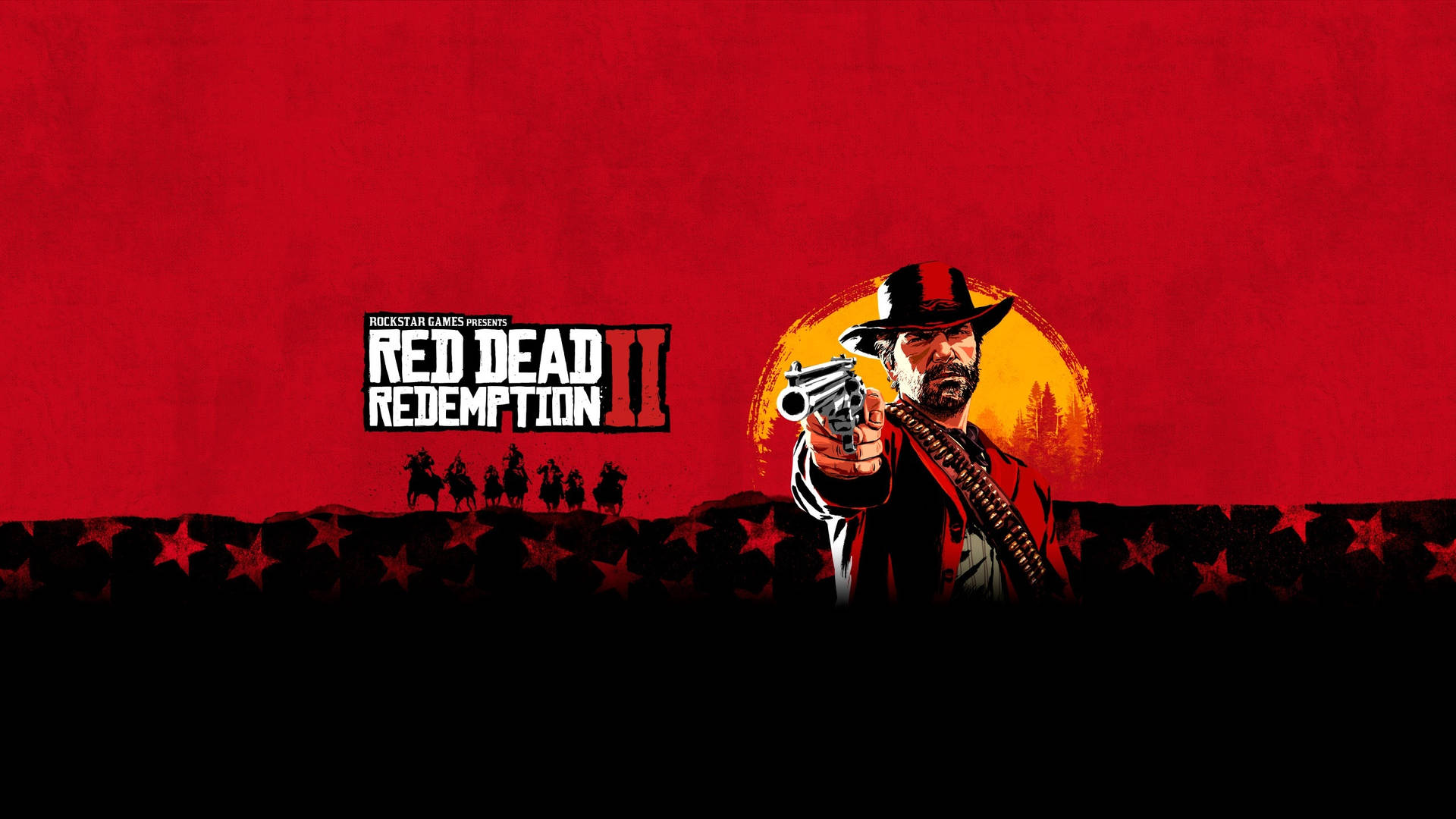 牛仔在紅色夕陽下用左輪手槍瞄準觀眾，並有 Red Dead Redemption II 標誌。