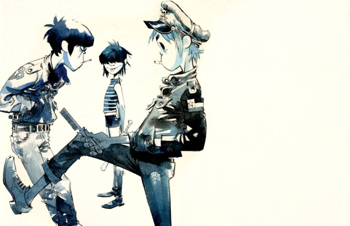 無可阻擋的藝術力量：Gorillaz的2-D與Murdoc 壁紙 — 三個穿著龐克風格服裝的動漫角色在純色背景上以藍色和黑色大膽墨跡動態擺姿勢。