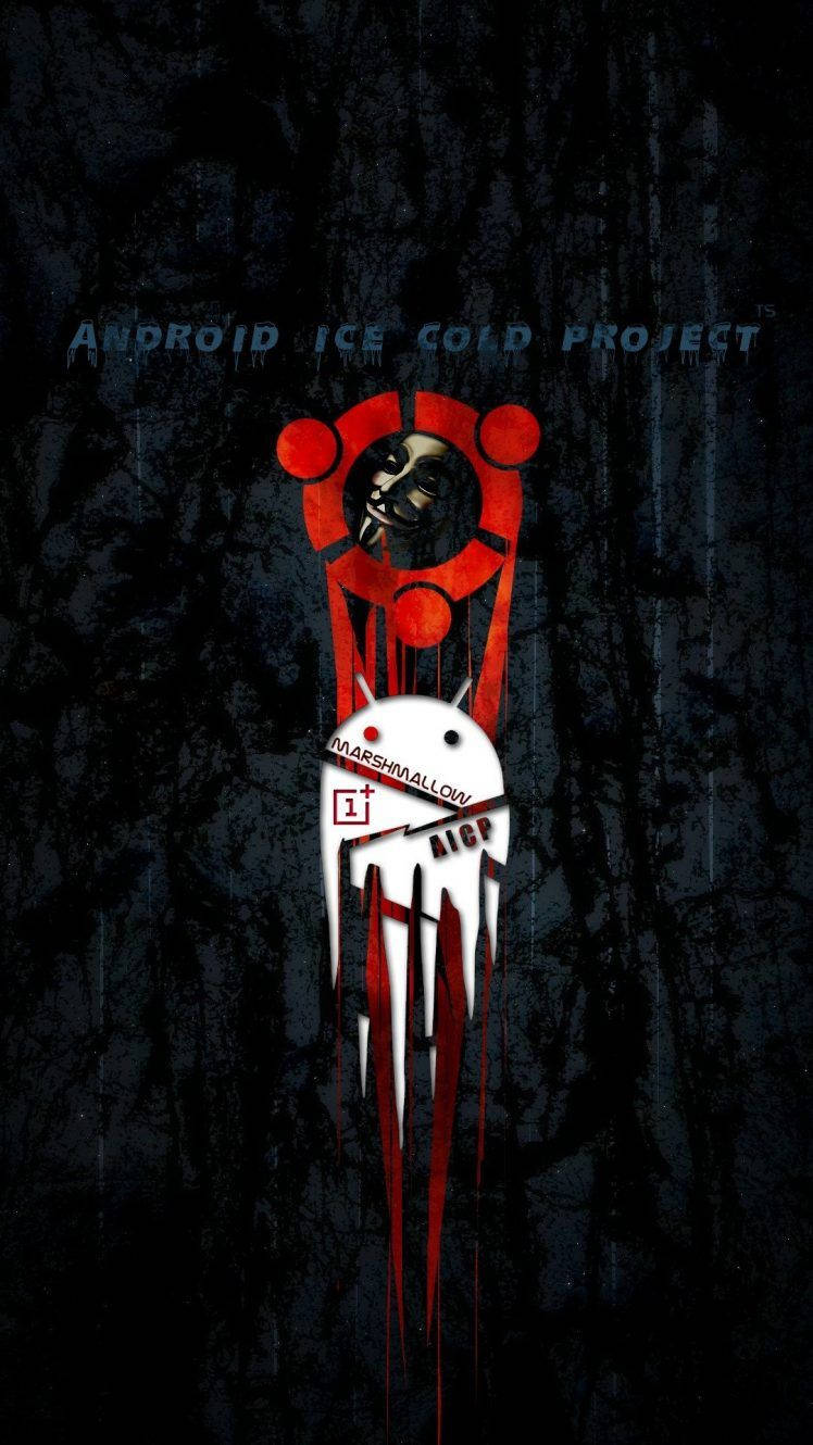 無名：新時代 壁紙 — 一個風格化的Android吉祥物在深色紋理背景上滴下紅色液體，並帶有「ANDROID ICE COLD PROJECT」文字。