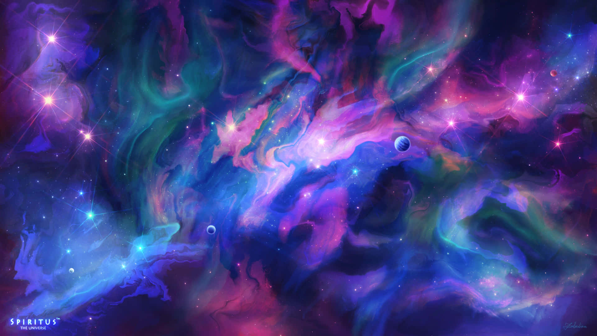 色彩繽紛的宇宙星雲，在深空中帶有發光的星星和漂浮的行星。