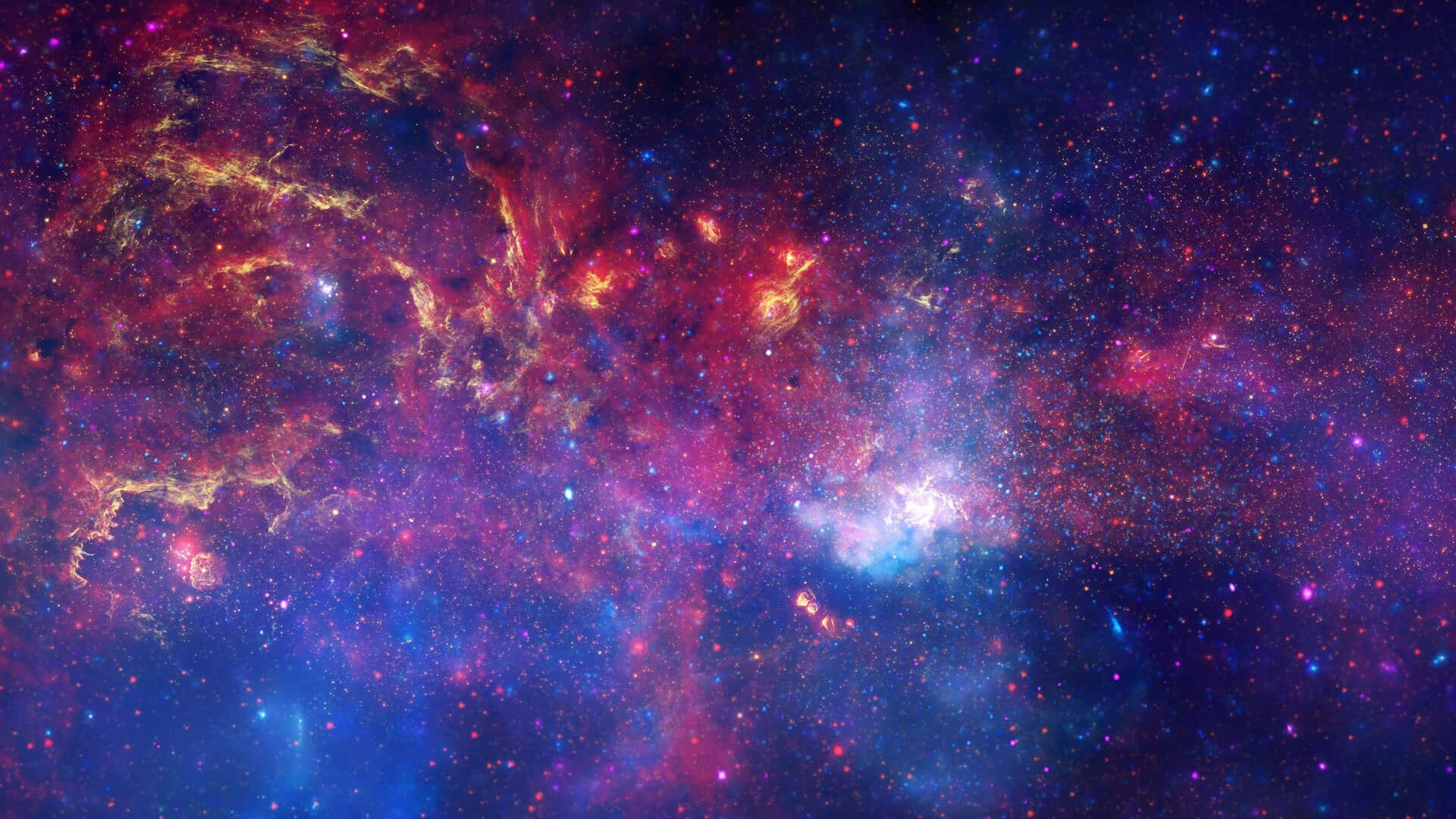 充滿活力的宇宙星雲，帶有旋轉的紅色、紫色和藍色，點綴著發光的星星。