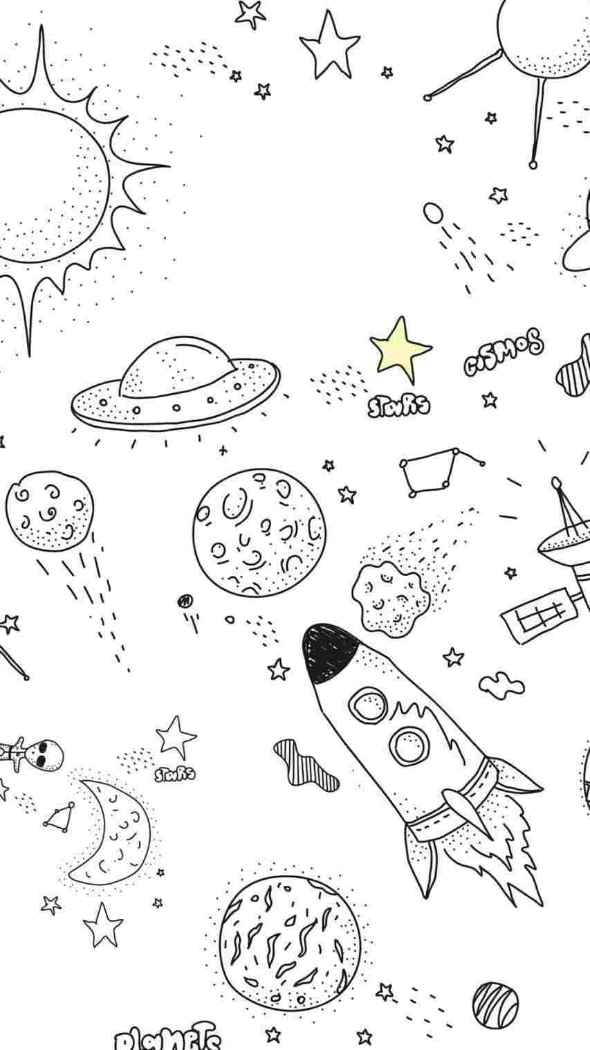 以簡單線條繪製的火箭、行星、星星和UFO組成的趣味太空場景。