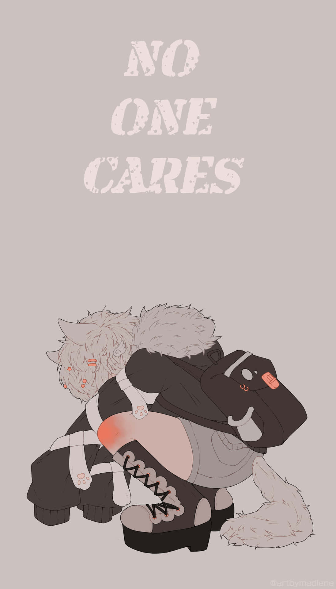 悲傷的灰色狼角色抱著膝蓋，上方有「NO ONE CARES」文字。